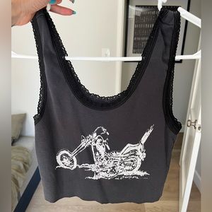 Bandit brand vintage motorcycle tank, cropped. Raw hem